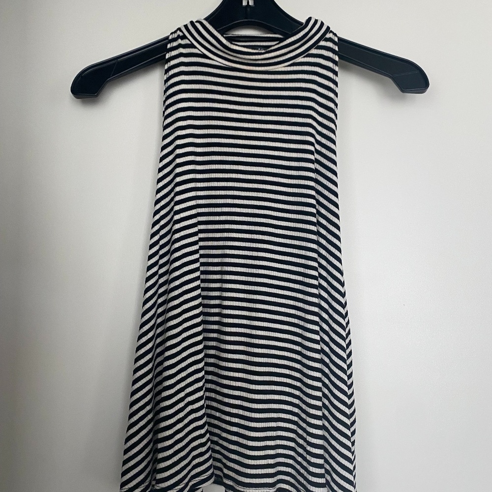 Aqua black and white ribbed tank top, high neck